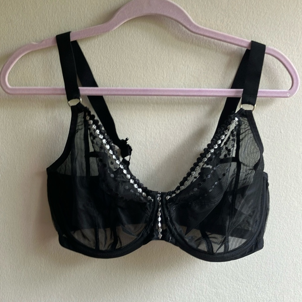 Elomi Size 36I Black Sheer Lace Mesh Full Coverage Underwire Bra Embroidered